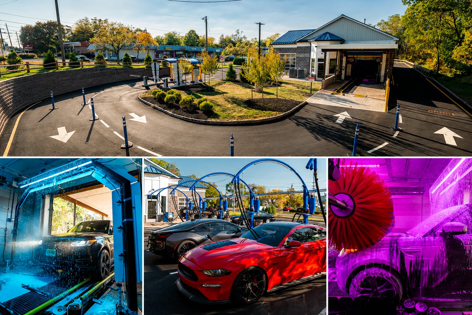 Wash King Somerset facility, wash equipment, vacuum area, and colorful wash tunnel