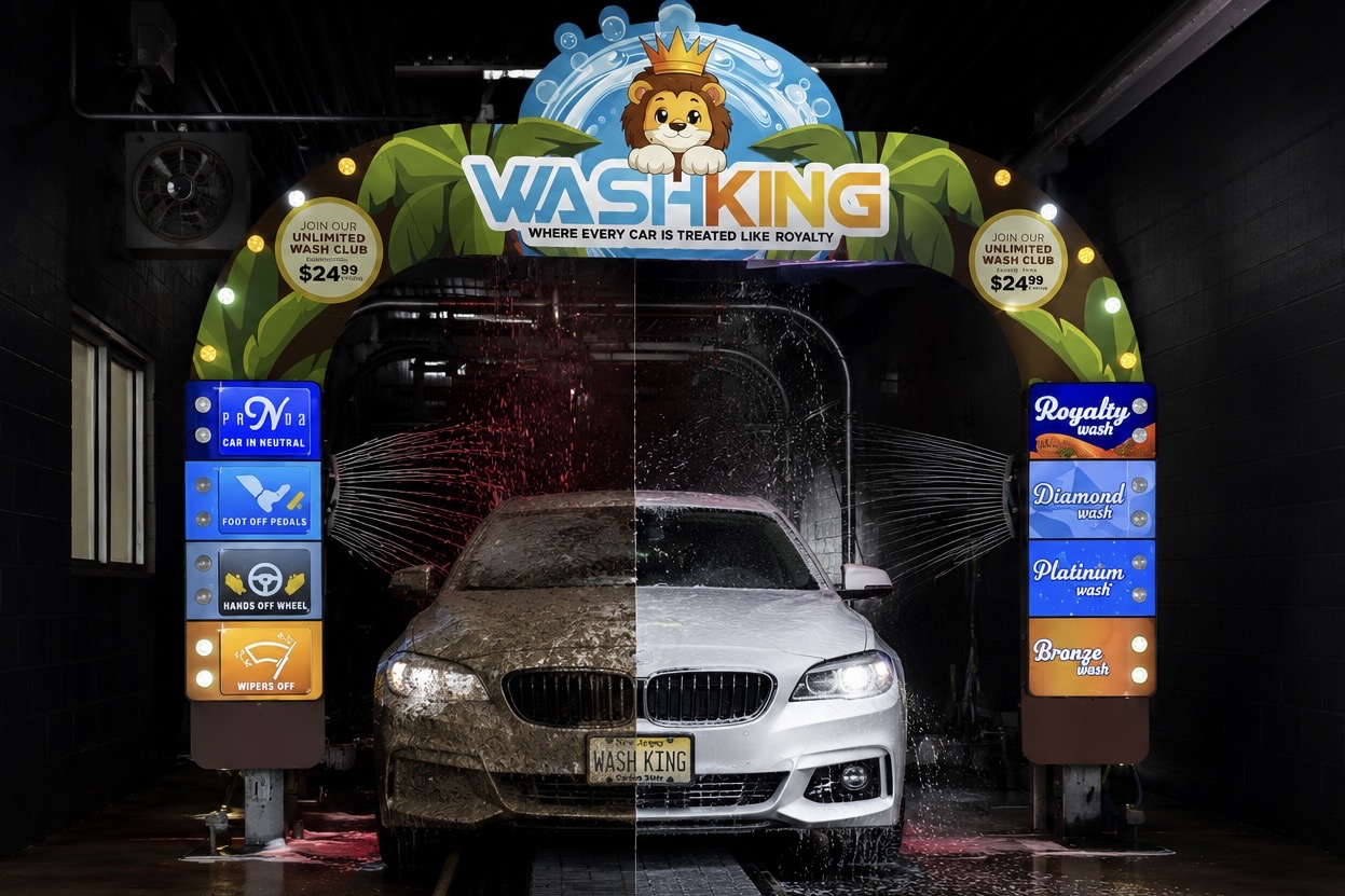 A car moving through the Wash King Vineland Main Road wash tunnel, shown half dirty and half clean